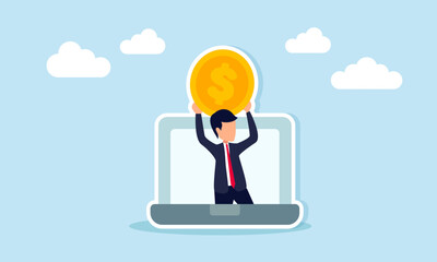 Businessman Emerging from Laptop Holding Dollar Coin Representing Online Digital Business Financial Management
