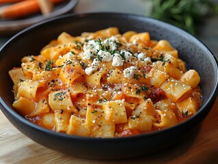 Delicious Creamy Tomato Pasta with Feta Cheese and Herbs in Black Bowl