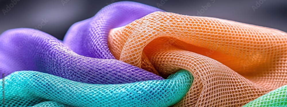 Poster close up view of textured fabric in shades of purple, orange, and teal, creating a swirled pattern. 