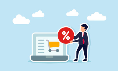 Businessman Holding Percent Icon Beside Laptop Displaying Shopping Cart Icon Representing Application of Promotional Strategies to Attract Buyers