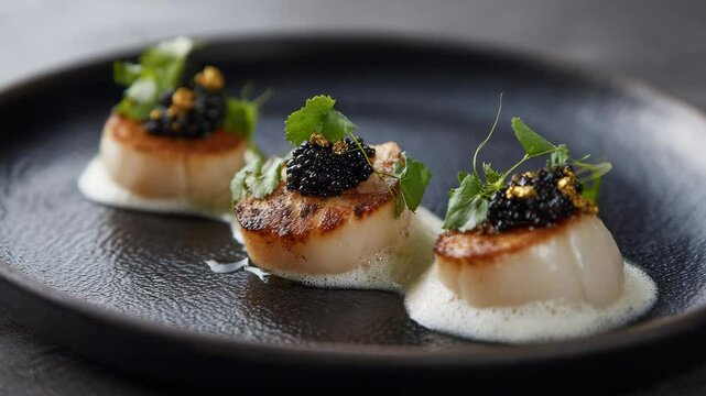 Three seared scallops arranged on a dark plate, topped with black caviar and garnished with fresh herbs. Creamy sauce surrounds each scallop. Close up shot with selective focus.