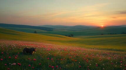 Obraz premium Dog in a field of wildflowers at sunset. Lush rolling hills, peaceful scene