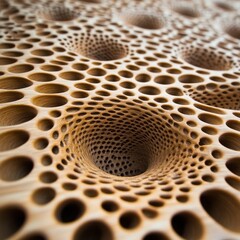 Obraz premium Close up view of a textured wooden surface with numerous circular and irregularly shaped depressions, creating a three dimensional pattern. The wood