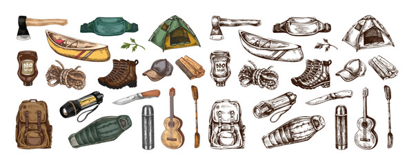 Hand drawn vintage sketch of camping equipment and travel gear in color and monochrome versions including backpack, canoe, boots and axe, isolated