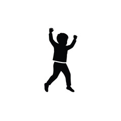 Silhouette of a joyful child jumping in excitement against a clean white background