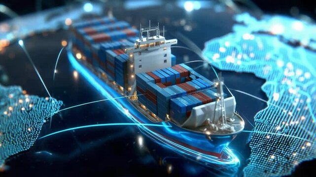 Global Trade & Logistics: A container ship sails the digital seas, embodying the essence of global trade, transportation, and worldwide logistics with the help of the world map.