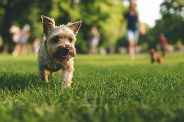 A grassy park with people walking dogs and playing sports, a person is walking their dog, a terrier, as it stops to chase a squirrel in the distance
