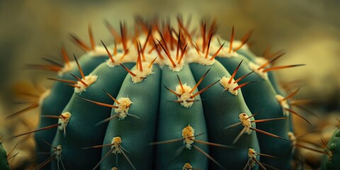 Close-Up Macro Photography of a Striking Green Cactus with Long, Sharp Spines, Botanical Beauty, Desert Flora, Natural Texture
