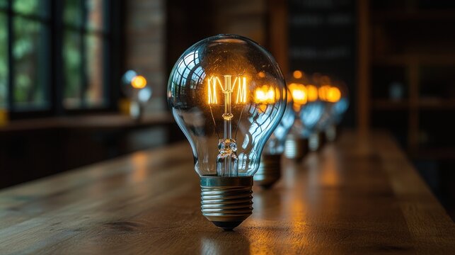 Warm glow of Edison-style bulbs on a wooden table