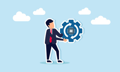 Businessman holding gear marked with AI chip and continuous symbol beside monitor displaying shopping bag icons, illustration of routine maintenance of AI system
