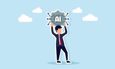 Businessman holding AI-labeled gear with robot system ornaments, illustration of AI collaboration with business world to create work efficiency