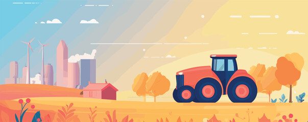 Naklejka premium Vibrant tractor in serene countryside with city skyline and wind turbines at sunset.