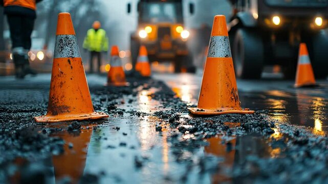 Wet asphalt road under repair with traffic cones and worker in background