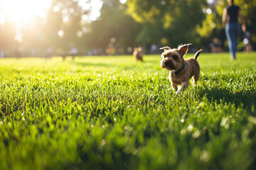 A grassy park with people walking dogs and playing sports, a person is walking their dog, a terrier, as it stops to chase a squirrel in the distance