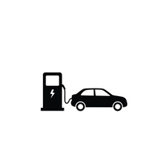 Silhouette of an electric car charging at a station against a white background