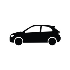 Black and white illustration of a compact hatchback car icon isolated on a white background