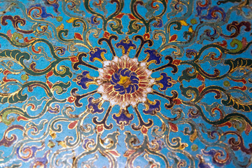 Close-up of the exquisite ceramic patterns of cloisonné enamel in ancient China.