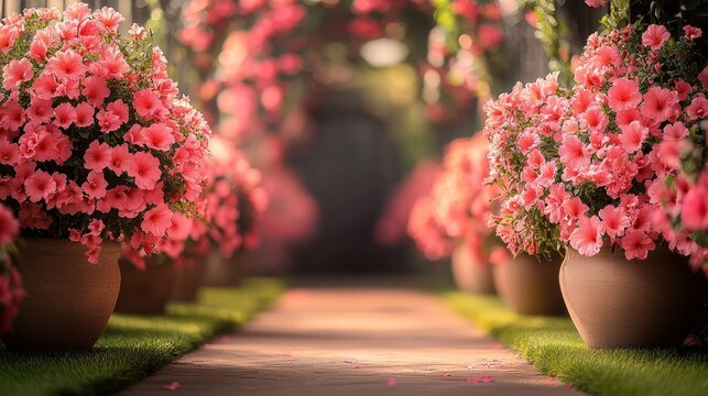 A sun-drenched walkway lined with vibrant pink flowers in terracotta pots