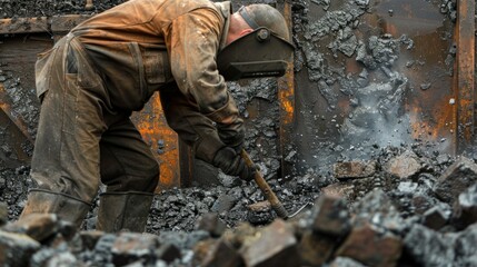 Industrial worker dismantling metal