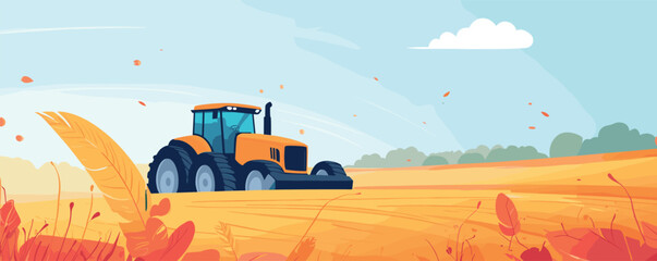 Orange tractor harvesting in vibrant wheat field under sunny blue sky.