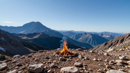 Serene Campsite with Fire and Majestic Mountain View Under Clear Blue Sky