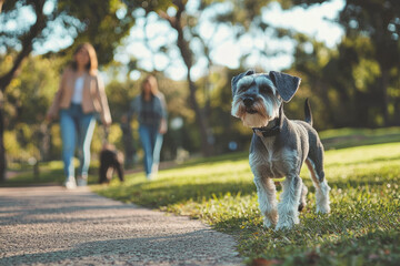 A park with wide open green spaces and paths for walking, a family is walking their dog, a schnauzer