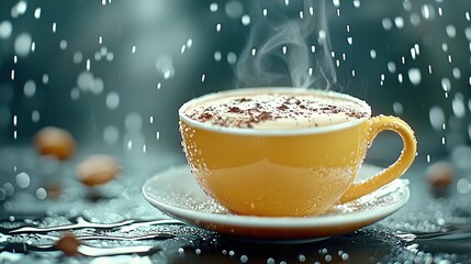 Steaming cup of coffee with cocoa powder on top, sits on a saucer on a wet dark surface with rain droplets and blurred background. 