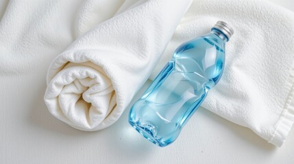 Obraz premium Refreshing Blue Water Bottle on Soft White Towel for Hydration and Relaxation Moments