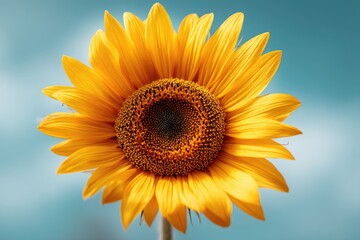 Naklejka premium Close up view of a bright yellow sunflower against a soft blue backdrop.