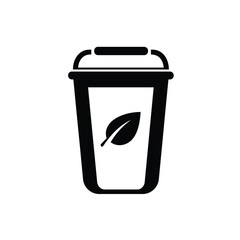 Black and white minimalist illustration of a coffee cup with leaf for tea or coffee