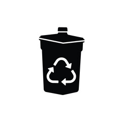 Black and white recycling bin icon featuring the universal eco friendly symbol on its front