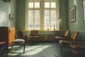 Fototapeta premium Empty waiting room with vintage furniture, soft natural light, and potted plant by window 