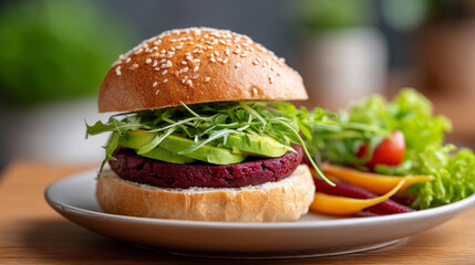 Delicious plant based burger with fresh vegetables on a plate