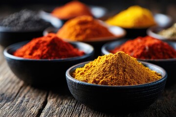 Diverse array of colorful spice powders in small bowls.