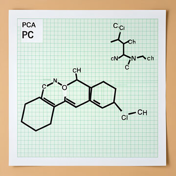 Protocatechuic acid, PCA molecule. It is 3,4-dihydroxybenzoic, phenolic acid, metabolite of antioxidant polyphenols, catechol, is found in green tea. Sheet of paper in a cage