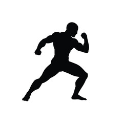 Black silhouette of a muscular man running dynamically on an isolated white background