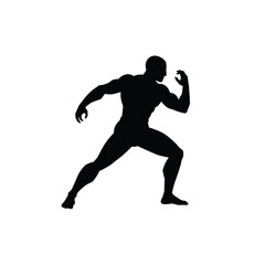 Silhouette of a muscular man in a dynamic running pose against a clean white background