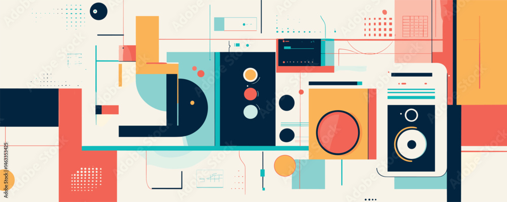 Poster abstract geometric art of colorful shapes and lines with modern design elements.