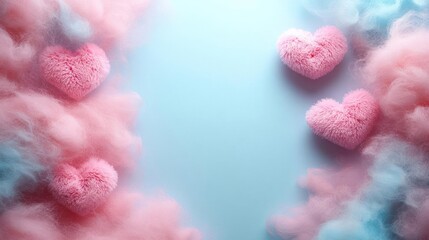 Pink hearts on a light blue background with pink and blue clouds