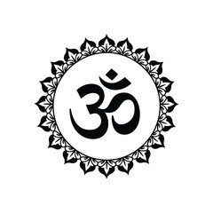Black om symbol inside a circular mandala with floral decorative elements on white background