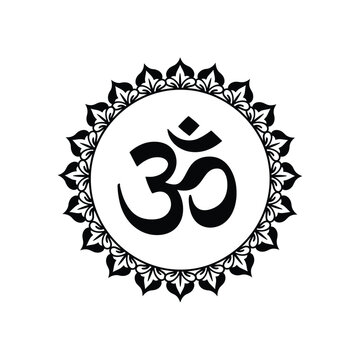 Black om symbol inside a circular mandala with floral decorative elements on white background