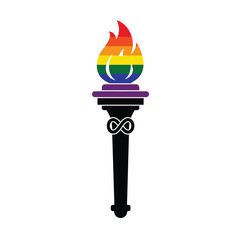 Vibrant rainbow flame torch symbolizing pride and infinite support on a white background
