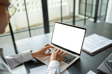 Business man using laptop blank screen computer working in office mockup image blank screen computer white background.