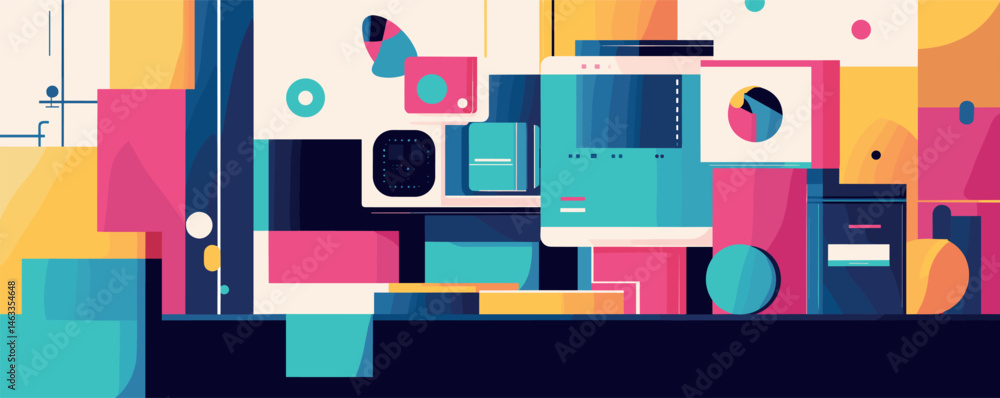 Poster colorful geometric abstract art with overlapping shapes and bold patterns.