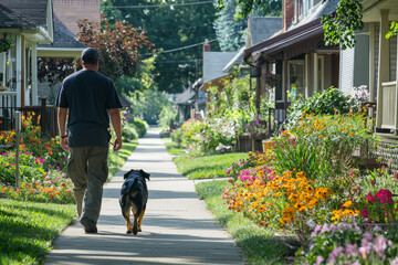 A quiet neighborhood with houses and sidewalks lined with flowers, a man is walking his dog, a rottweiler