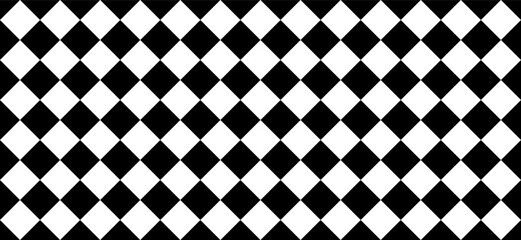 A seamless black and white rhombus diamond pattern arranged in a horizontal grid. The alternating diamonds create a geometric, checkered effect that is ideal for backgrounds, textiles, wallpapers, or 