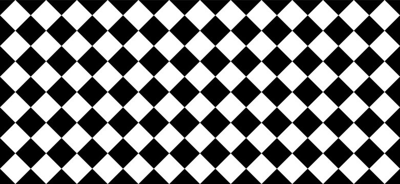 A seamless black and white rhombus diamond pattern arranged in a horizontal grid. The alternating diamonds create a geometric, checkered effect that is ideal for backgrounds, textiles, wallpapers, or 
