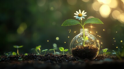 Growing hope a flower in a bottle nature scene magical evening glow close-up perspective sustainability concept