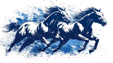 Two powerful horses in motion, depicted in bold silhouettes against a backdrop of splatter effects