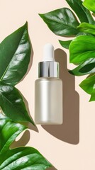 Natural skincare serum application indoor studio product photography greenery close-up view healthy lifestyle